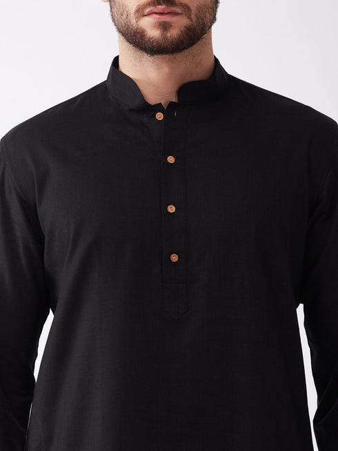 Vastramay Men's Black Cotton Blend Kurta And White Dhoti Set